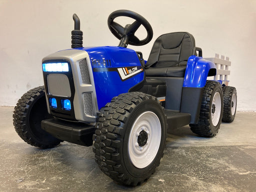 Kindertractor Elektrisch 12V + 2.4G RC + Aanhanger (blauw) - Trapautodealer